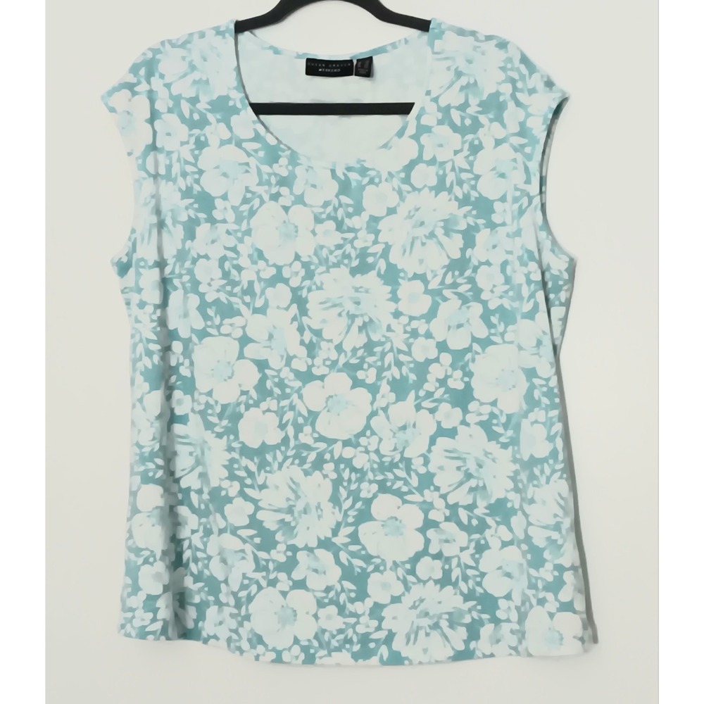 Susan Graver Tank Top Women's Size 1X Light Blue & White Floral Pullon Pre-owned